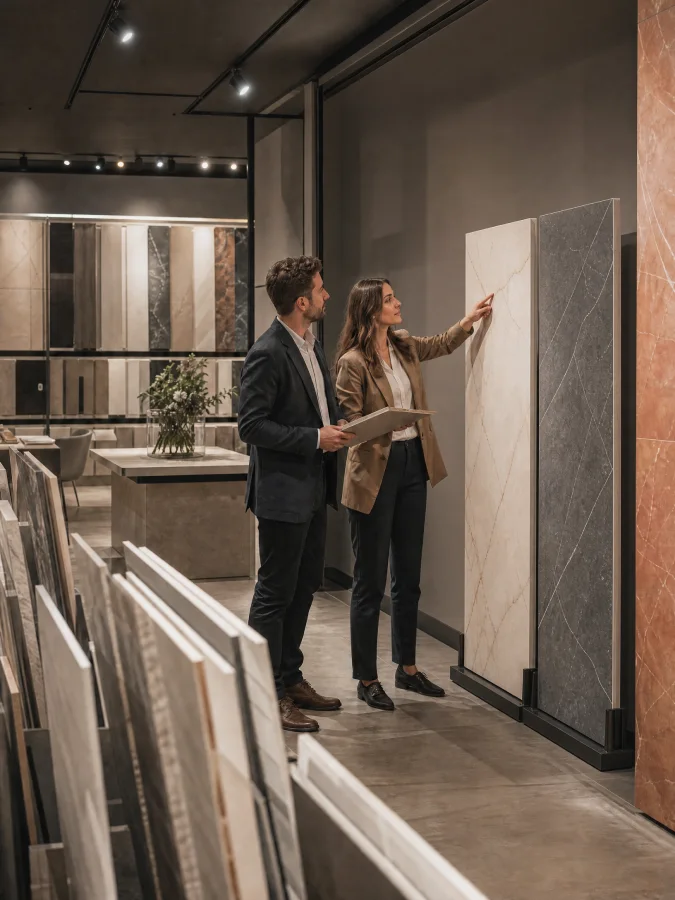 Showroomda dik sergilenen büyük ebatlı plakaları inceleyen iki müşteri