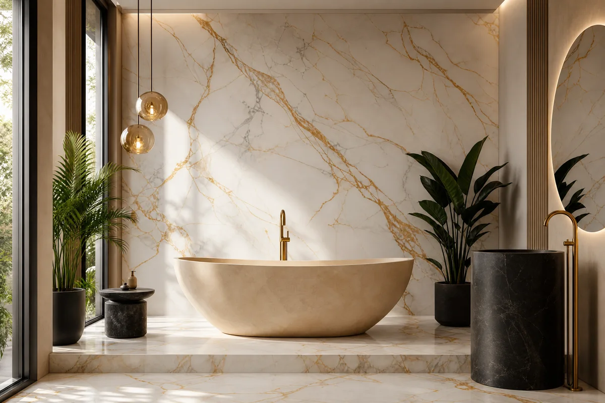 Altın damarlı cilalı mermerle kaplanmış banyo duvarı ve serbest duran küvet